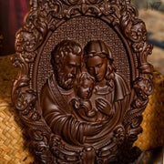 Religious Holy Family wooden icon with intricate carvings depicting Jesus, Mary, and Joseph in high-quality wood.