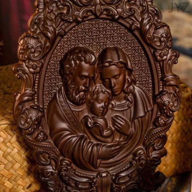 Religious Holy Family wooden icon with intricate carvings depicting Jesus, Mary, and Joseph in high-quality wood.