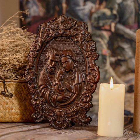 Religious Holy Family Wooden Icon depicting Jesus, Mary, and Joseph, intricately carved for faith and devotion.