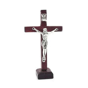 Wooden Jesus Cross with stand in wine red finish, religious decor.