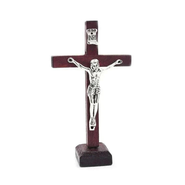 Wooden Jesus Cross with stand in wine red finish, religious decor.