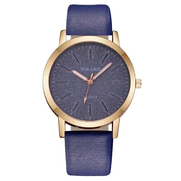 Elegant Full Star Womens Watch with blue leather band and gold-tone case.