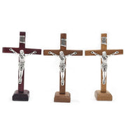 Wooden Jesus Cross with Stand in three colors: brown, light brown, and wine red.