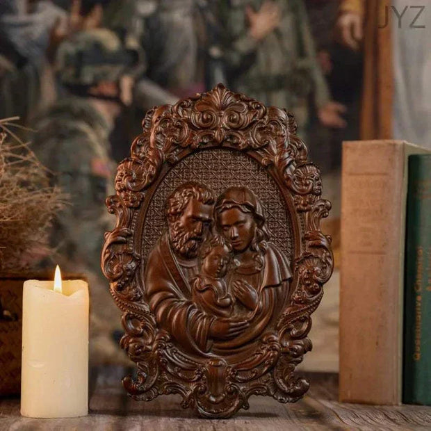Religious Holy Family Wooden Icon depicting Jesus, Mary, and Joseph with intricate carvings and natural wood finish.