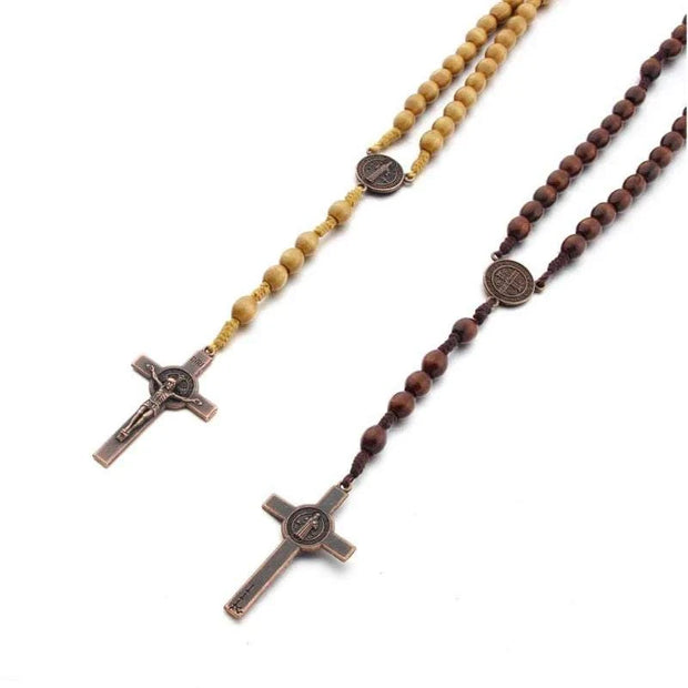Hand-made Wooden Rosary Necklace with detailed cross pendants and natural wood beads.