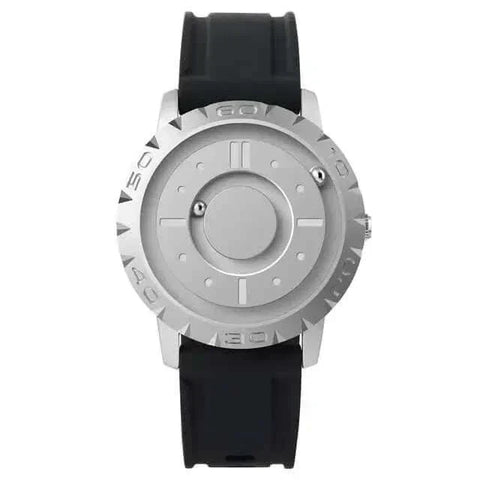 Magnetic Pointer Watch with sleek black dial and rubber strap.