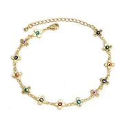 Gold floral charm bracelet with colorful beads.