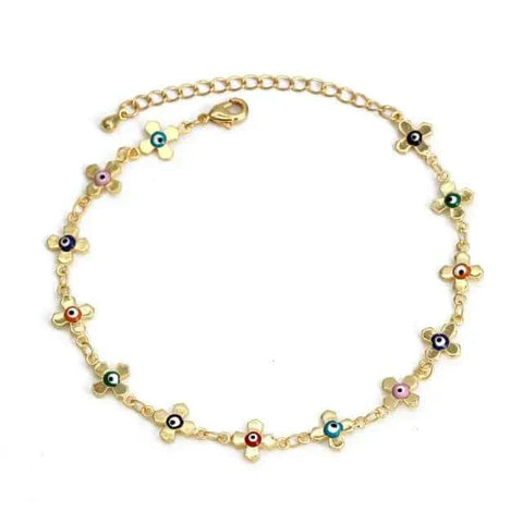Gold floral charm bracelet with colorful beads.