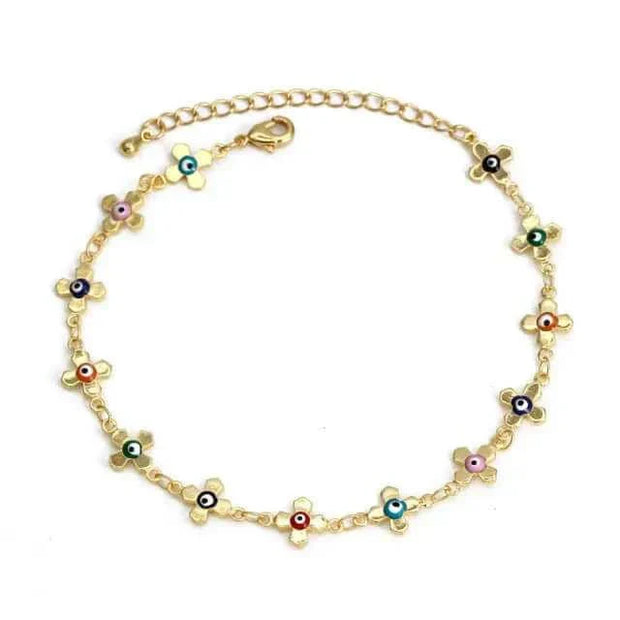 Gold floral charm bracelet with colorful beads.