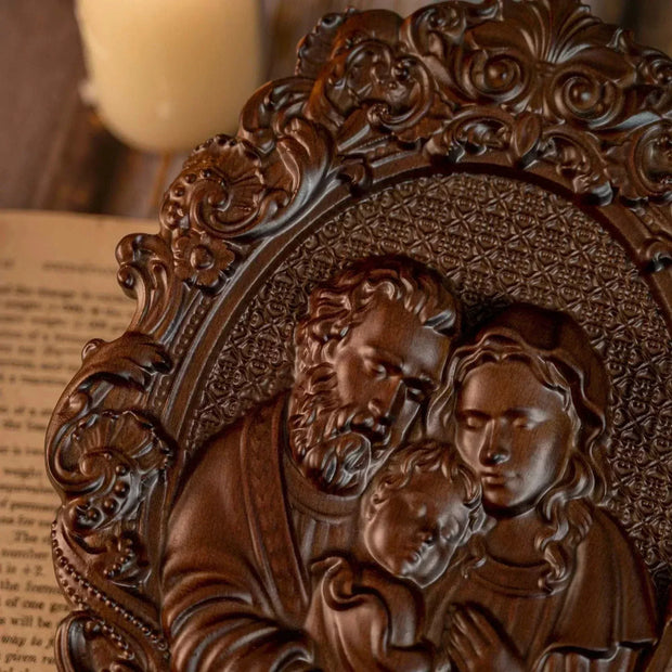 Religious Holy Family Wooden Icon with intricate carvings depicting Jesus, Mary, and Joseph, crafted from high-quality wood, embodying faith and devotion.