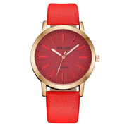 Elegant Full Star Womens Watch with red dial and leather band.