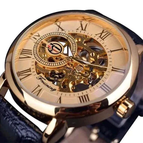 Men's Luxury Brand Watch with intricate gold dial and black leather strap.