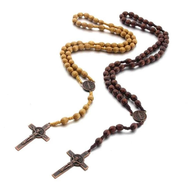 Hand-made Wooden Rosary Necklace with detailed cross pendant and polished round beads in two color options.