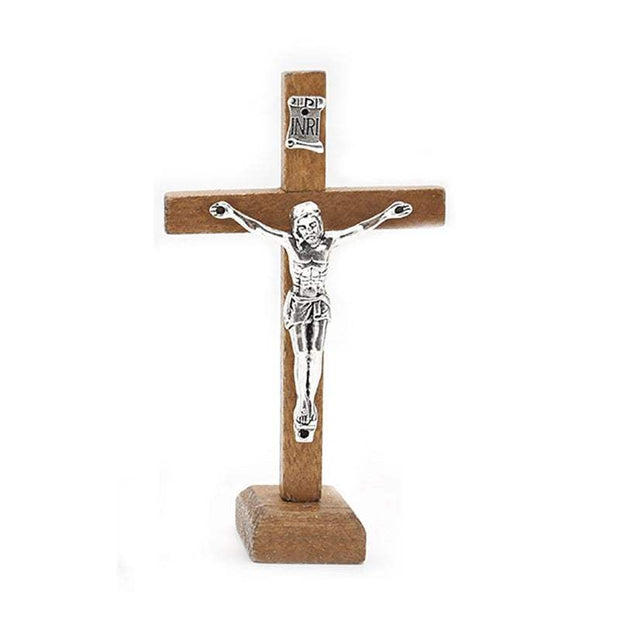 Wooden Jesus Cross with Stand, elegant religious decor item with intricate detailing and stable base.