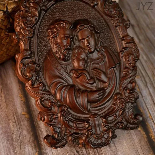 Religious Holy Family Wooden Icon with intricate carvings, depicting Jesus, Mary, and Joseph in high-quality wood.