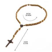 Hand-made Wooden Rosary Necklace with natural wooden beads and detailed cross pendant, ideal for prayer and meditation.
