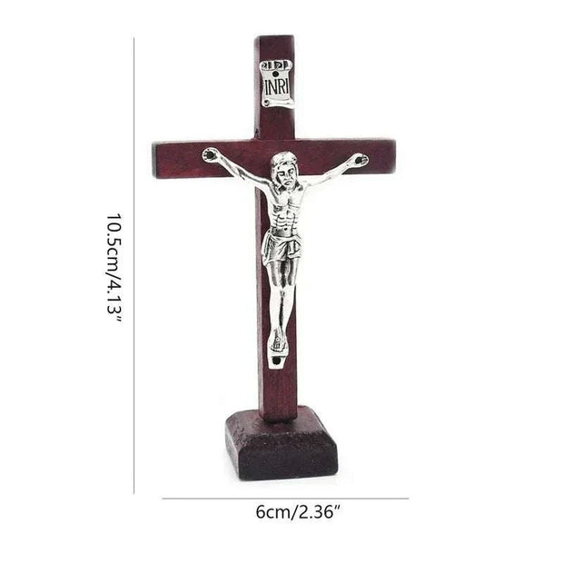 Wooden Jesus Cross with Stand, elegant religious decor, intricate design, suitable for home or office display.