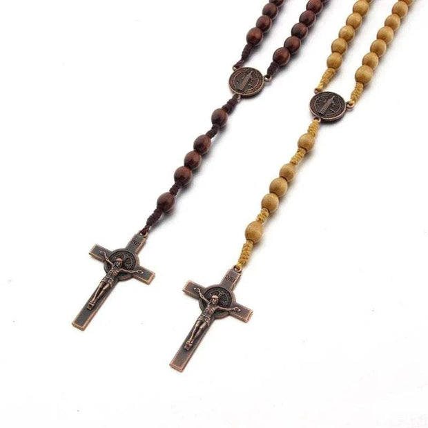 Hand-made Wooden Rosary Necklace with detailed cross pendant and high-quality wooden beads, suitable for prayer and spiritual reflection.