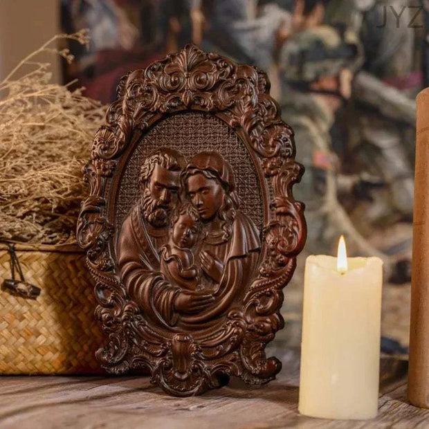 Religious Holy Family Wooden Icon with intricate craftsmanship, depicting Jesus, Mary, and Joseph, surrounded by a warm natural wood finish, perfect for home decor or spiritual spaces.