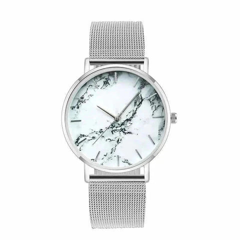 Rose Gold Mesh Band Marble Watch with marble dial and slim profile.