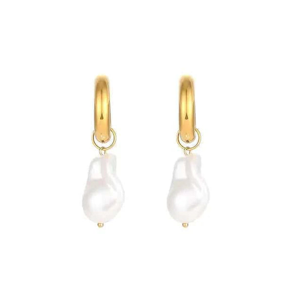 Water Drop Earrings with gold hoops and pearl-like droplets, elegant jewelry accessory.
