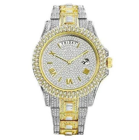 Luxury men's crystal watch with gold and silver detailing, exquisite crystal embellishments, and elegant design.