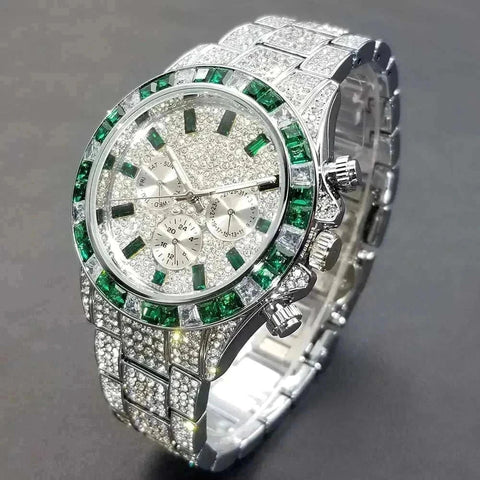 Luxury Diamond Calendar Watch with sparkling diamonds and green accents.