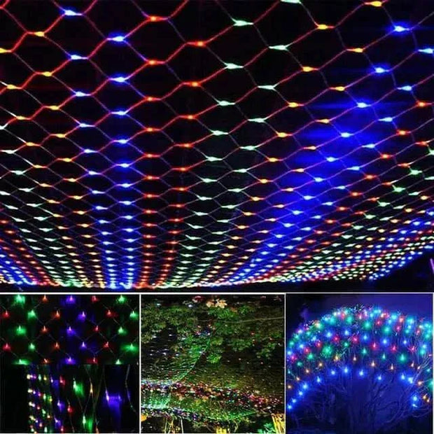 Colorful Net Mesh Solar Fairy Lights illuminating outdoors.