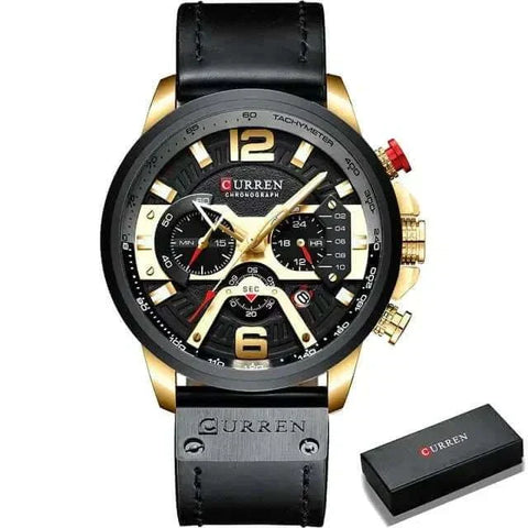 Military Leather Chronograph Watch with black leather strap and gold-accented dial.