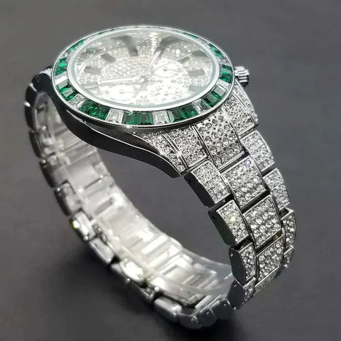 Diamond Calendar Watch with green accents and diamond-studded design.