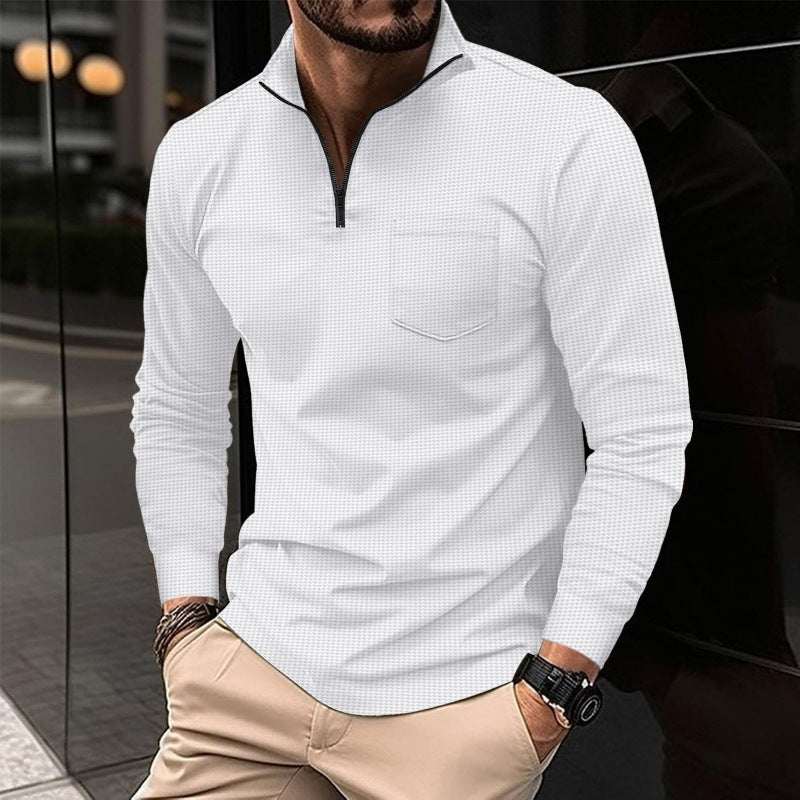 Men's waffle knit sports polo shirt with zipper pocket in white breathable fabric