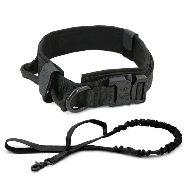 Heavy-duty dog collar with durable nylon, quick-release buckle, and control handle.