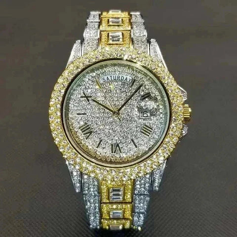 Luxury crystal watch for men with gold and silver detailing, featuring elegant Roman numerals and intricate crystal embellishments.