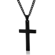 Elegant black cross necklace with sleek pendant on a chain, symbolizing faith and style.