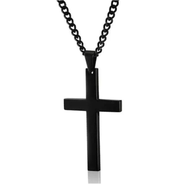 Elegant black cross necklace with sleek pendant on a chain, symbolizing faith and style.