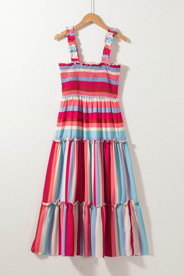 Red Stripe Smocked Midi Dress with vibrant stripes and tiered skirt, perfect for summer outings.