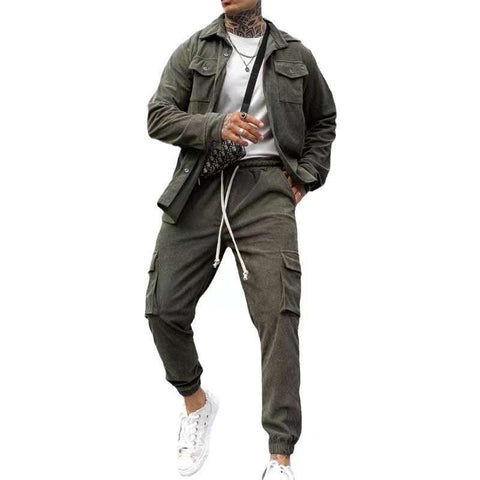 Casual Sports Suit in army green featuring a coat-style jacket and trousers, perfect for autumn activities and leisure, made from a breathable cotton blend.