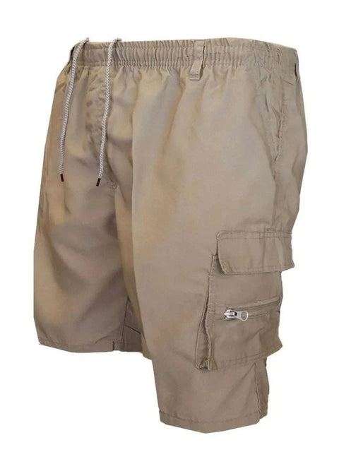 Plus size drawstring shorts with cargo pockets in beige, featuring adjustable waistband and spacious pockets for comfort and functionality.