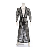 Men's Japanese Kimono in black lace with intricate patterns, breathable and stylish design, perfect for cultural events or loungewear.