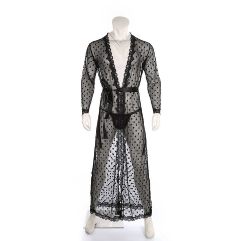 Men's Japanese Kimono in black lace with intricate patterns, breathable and stylish design, perfect for cultural events or loungewear.