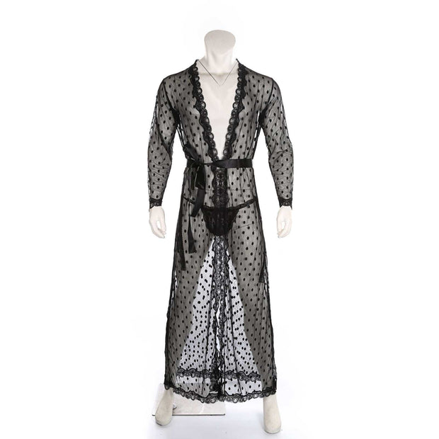 Men's Japanese Kimono in black lace with intricate patterns, breathable and stylish design, perfect for cultural events or loungewear.