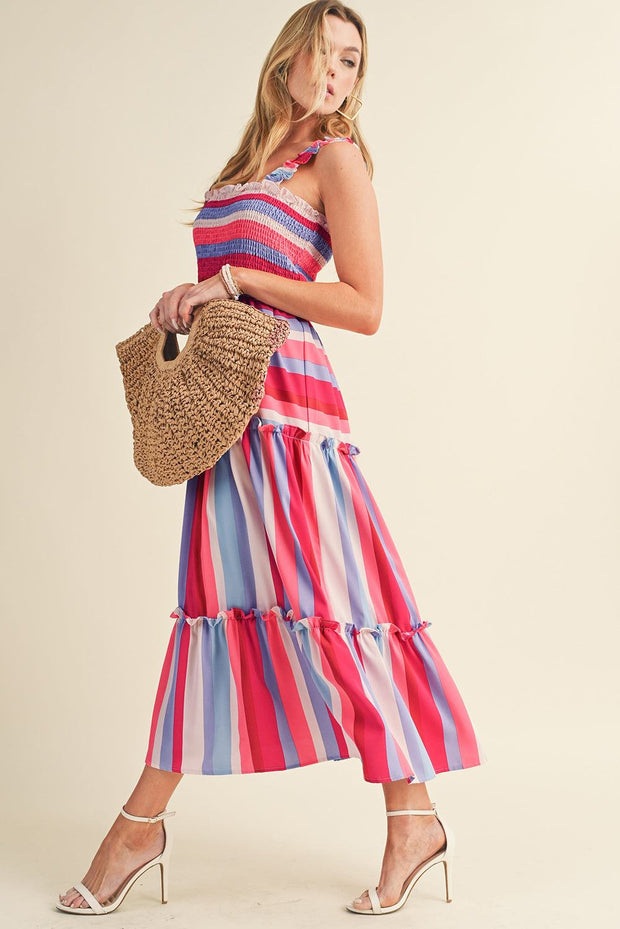 Red Stripe Smocked Midi Dress with ruffled straps and tiered skirt for summer outings.