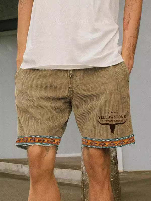 Men's khaki retro casual shorts with colorful patterned hem, featuring a relaxed fit and adjustable waistband.