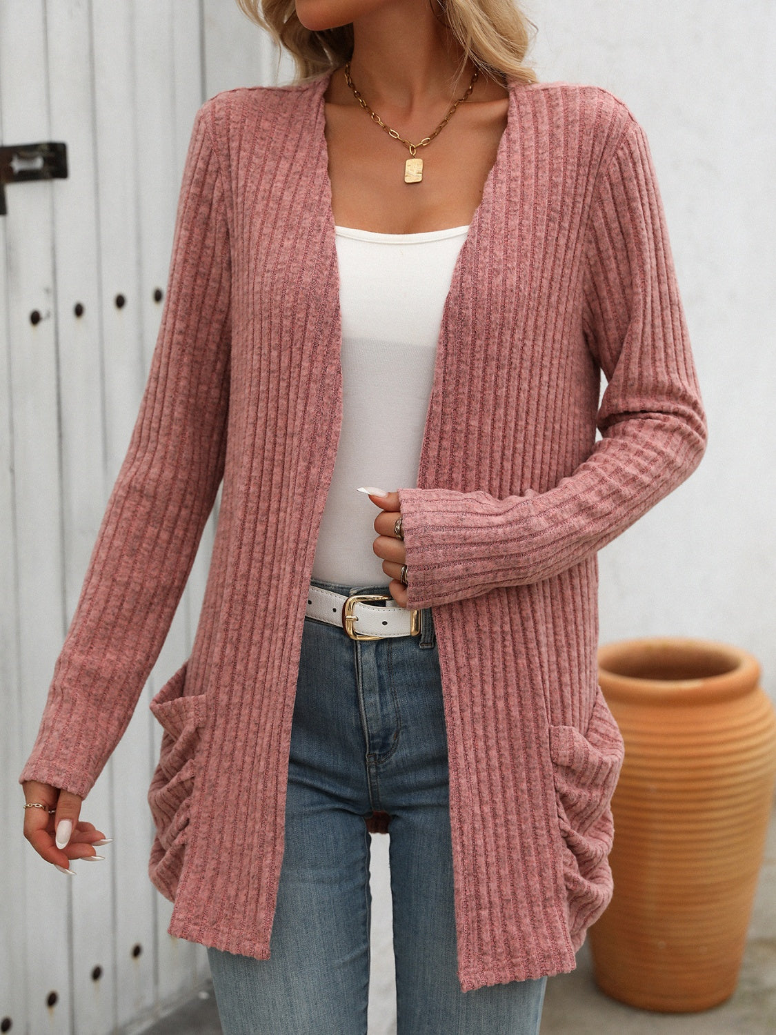 Open-Front Ribbed Cardigan