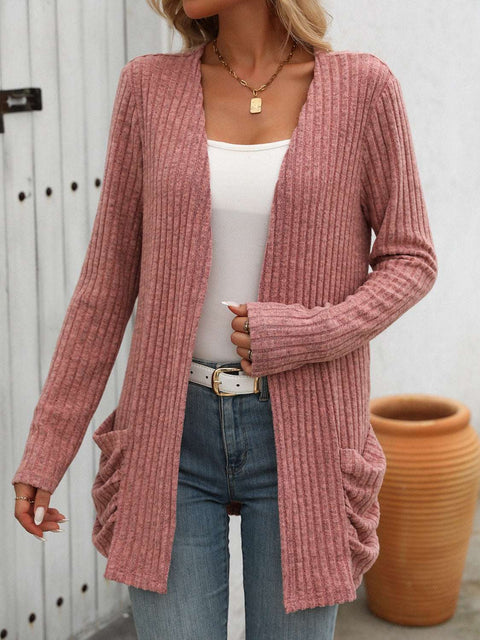 Open-Front Ribbed Cardigan in pink worn over a white tank top and jeans.