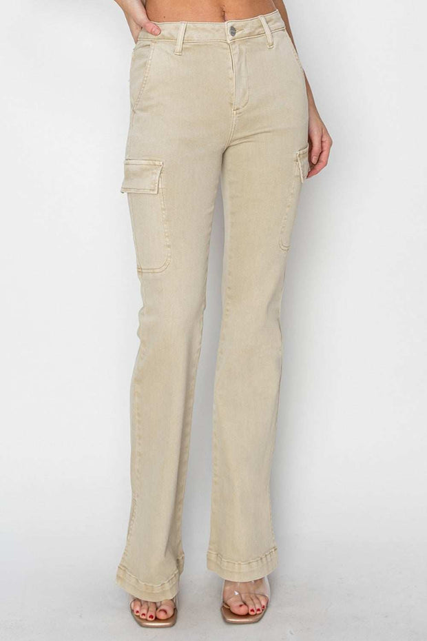 RISEN High Rise Boot-cut Jeans in beige with classic pocket details.