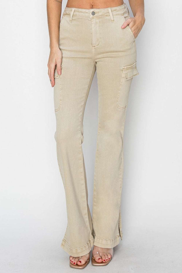 RISEN High Rise Boot-cut Jeans in beige with pockets and slit, full-length view.