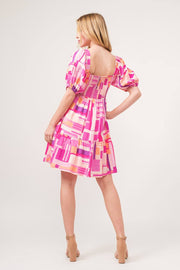 Color Block Puff Sleeve Dress with vibrant pattern and puff sleeves, back view.