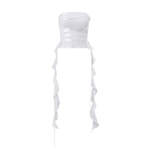 Lace-up tube top with adjustable front tie and breathability for summer styling.