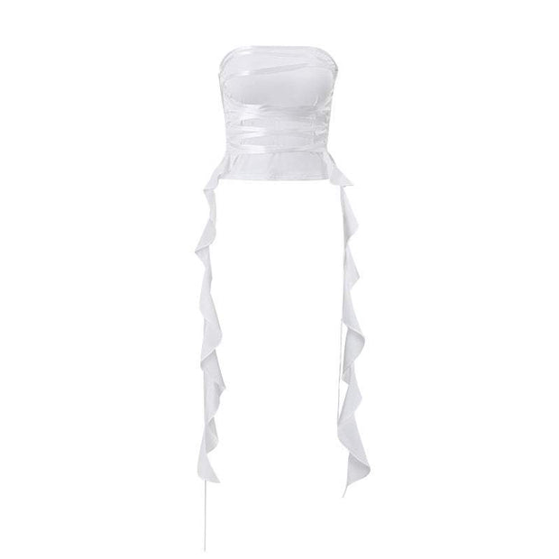 Lace-up tube top with adjustable front tie and breathability for summer styling.